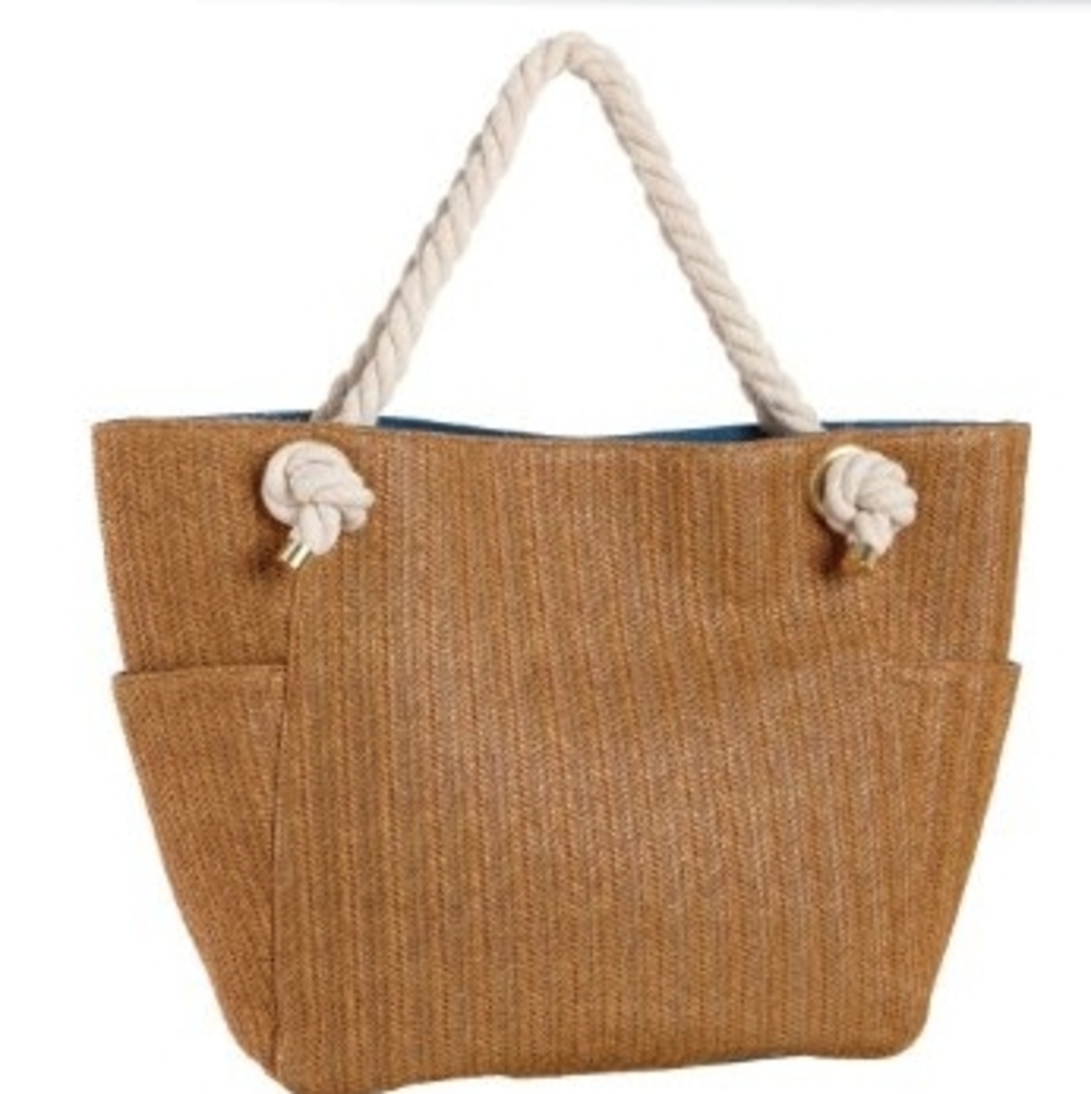 Tan Woven Tote Bag with Rope Handles